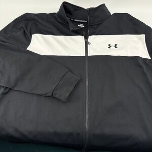 Under Armour Men XL Black White Stripe Full Zip Track Jacket Loose Fit Polyester